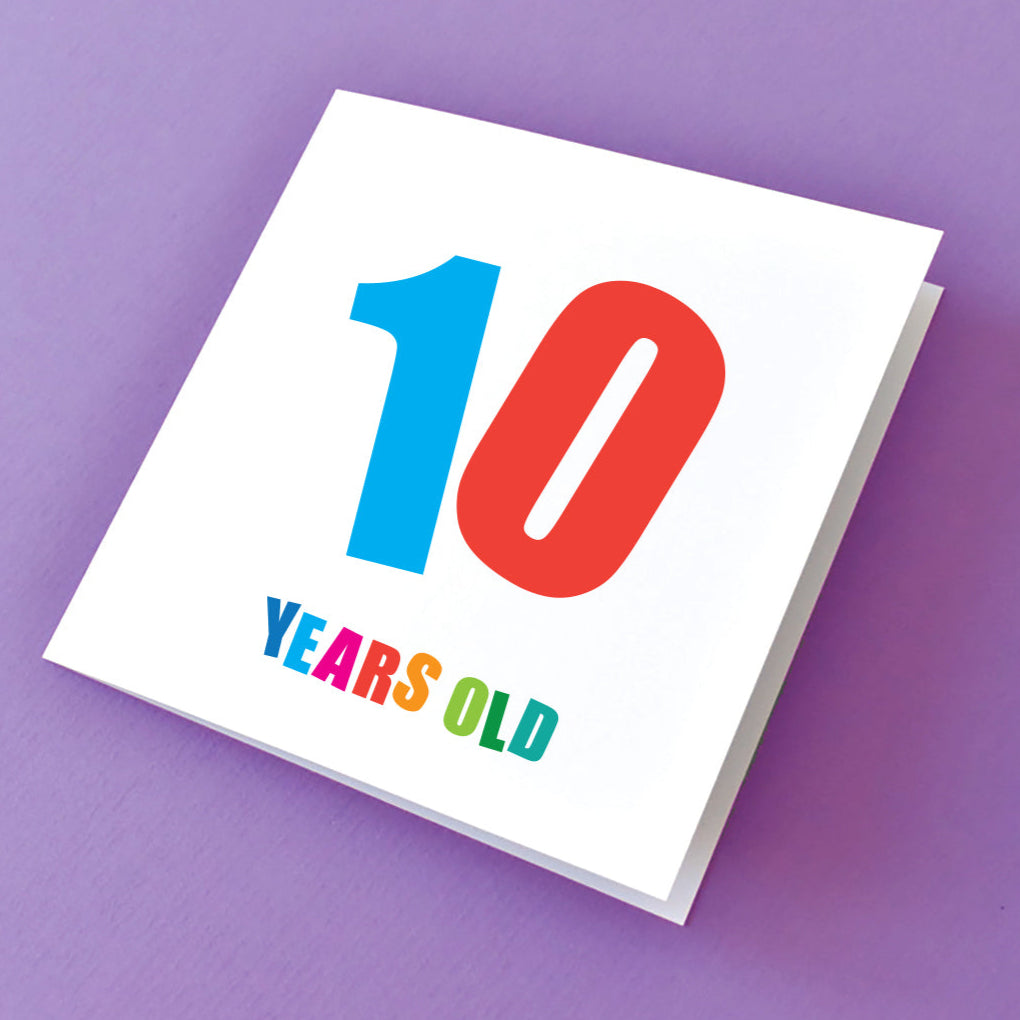 10 Years Young Colourful Birthday Card with a massive 10 in the centre of the card in blue and red and the words Years Old underneath in a rainbow of colours.