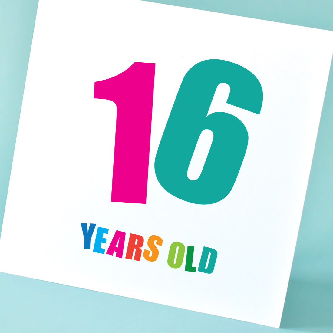 Gender neutral 16th birthday card with bold, bright colours.