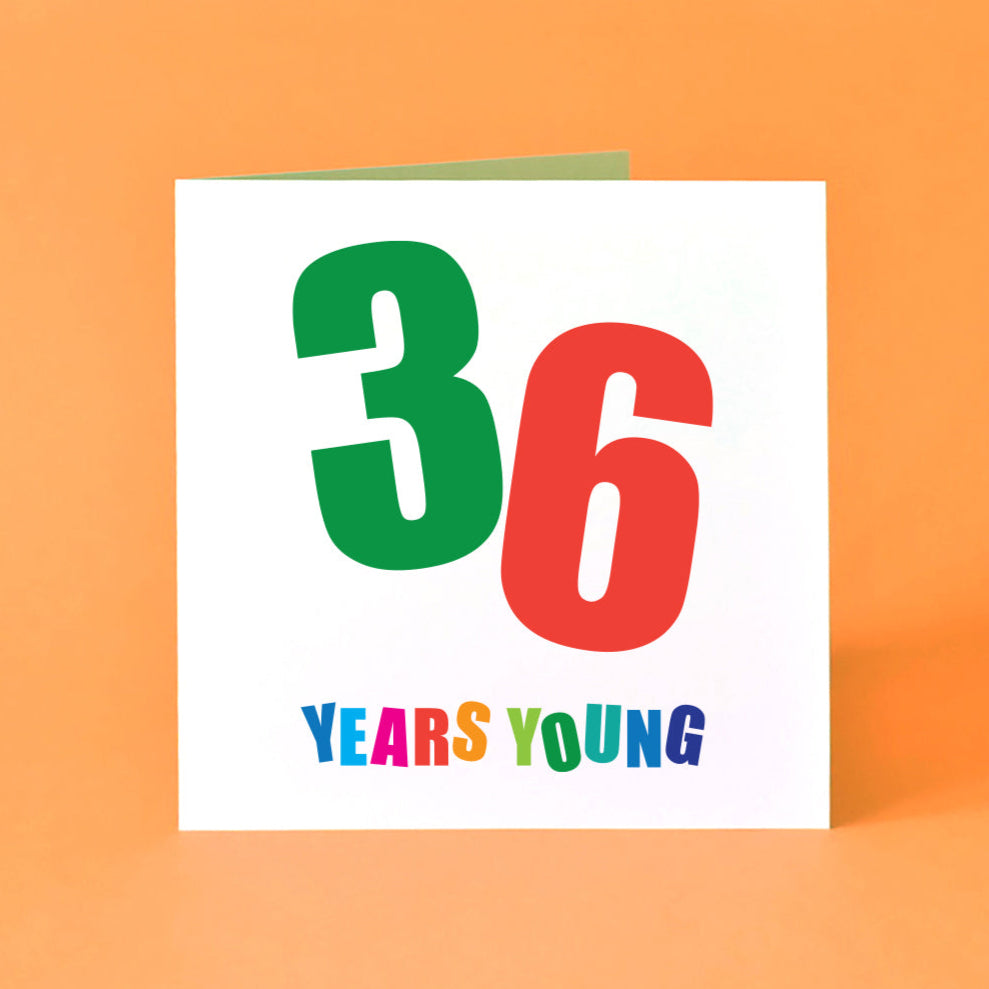 Birthday card with 36 Years Young in bold, colourful text.