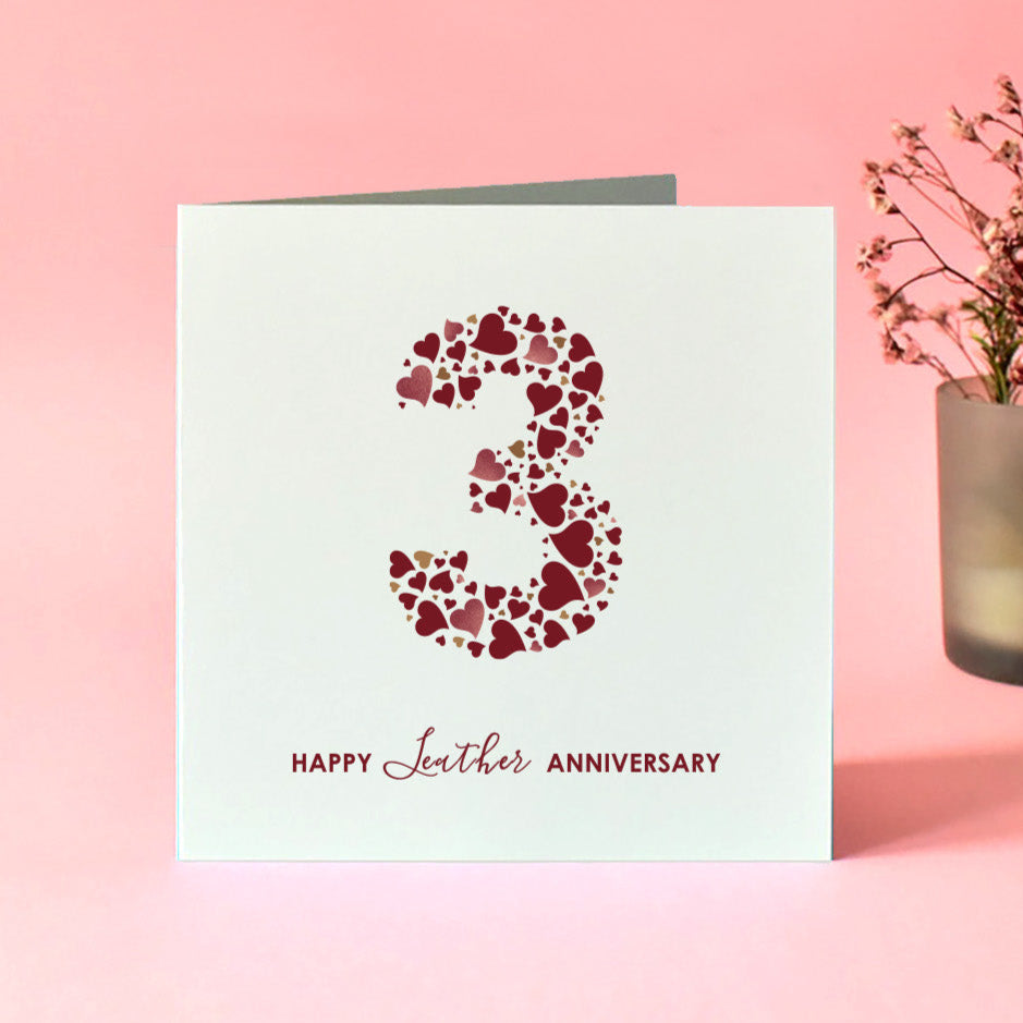 Leather 3rd Wedding Anniversary Card with Love Hearts