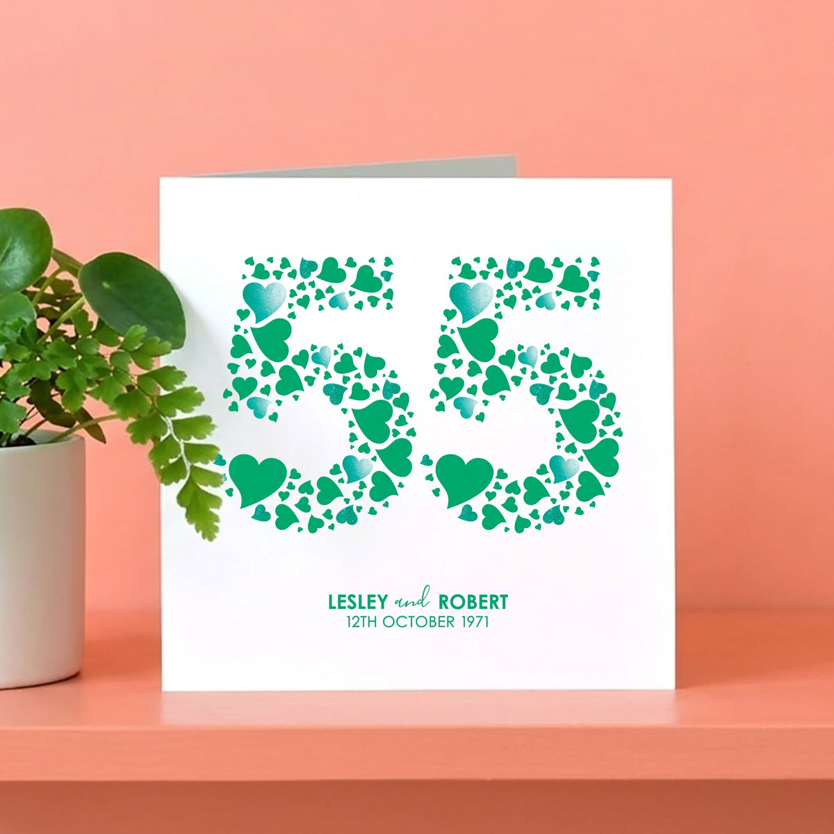 Greeting card with heart design and personalised text.