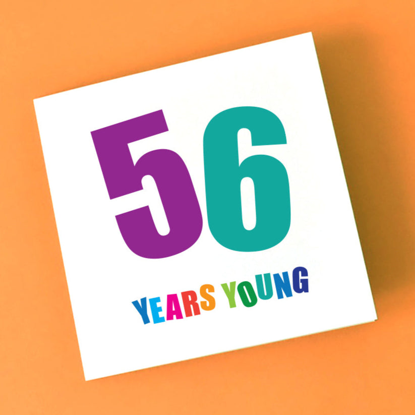 Close-up of a vibrant 56th birthday card, with a modern and joyful aesthetic, perfect for celebrating this age.