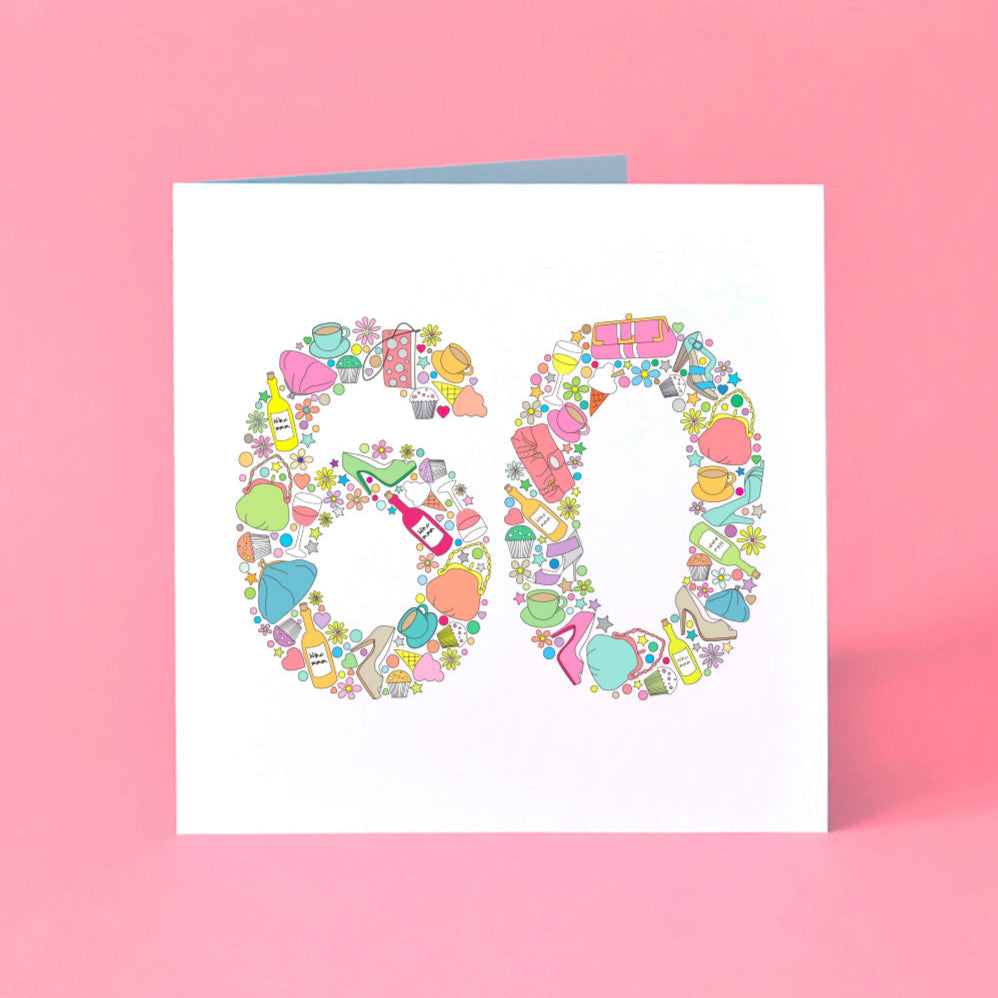 60th Birthday card with a colourful number '60' made from illustrations of stereotypical female items such as cakes, shoes, handbags, flowers, wine and tea.