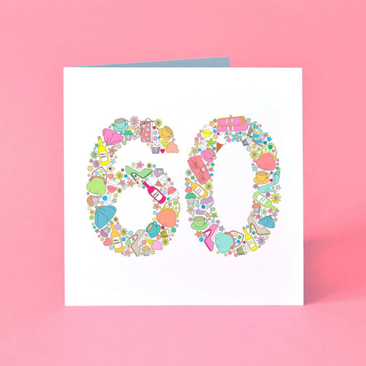 60th Birthday card with a colourful number '60' made from illustrations of stereotypical female items such as cakes, shoes, handbags, flowers, wine and tea.