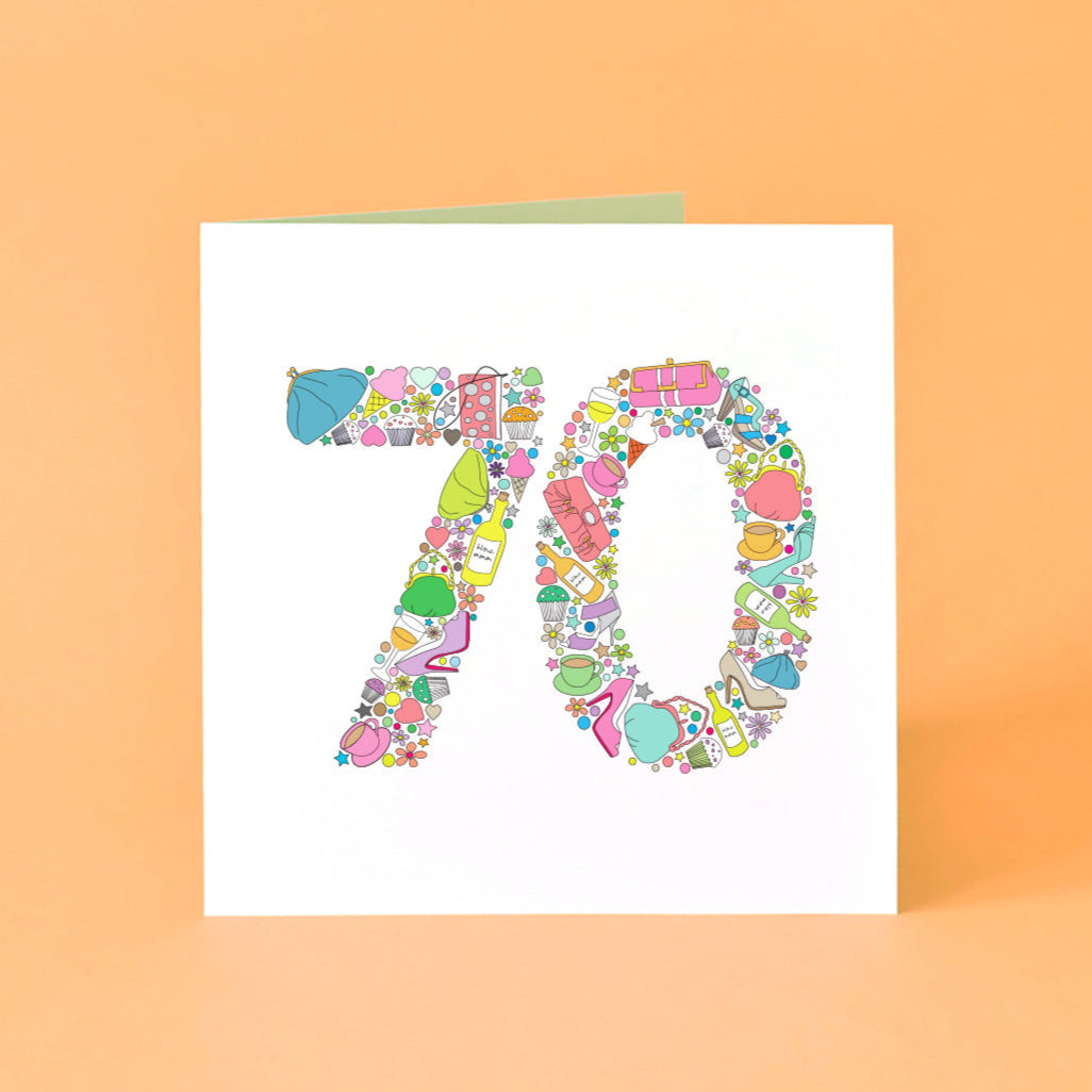 70th Birthday card with a colourful number '70' made from illustrations of stereotypical female items such as cakes, shoes, handbags, flowers, wine and tea.