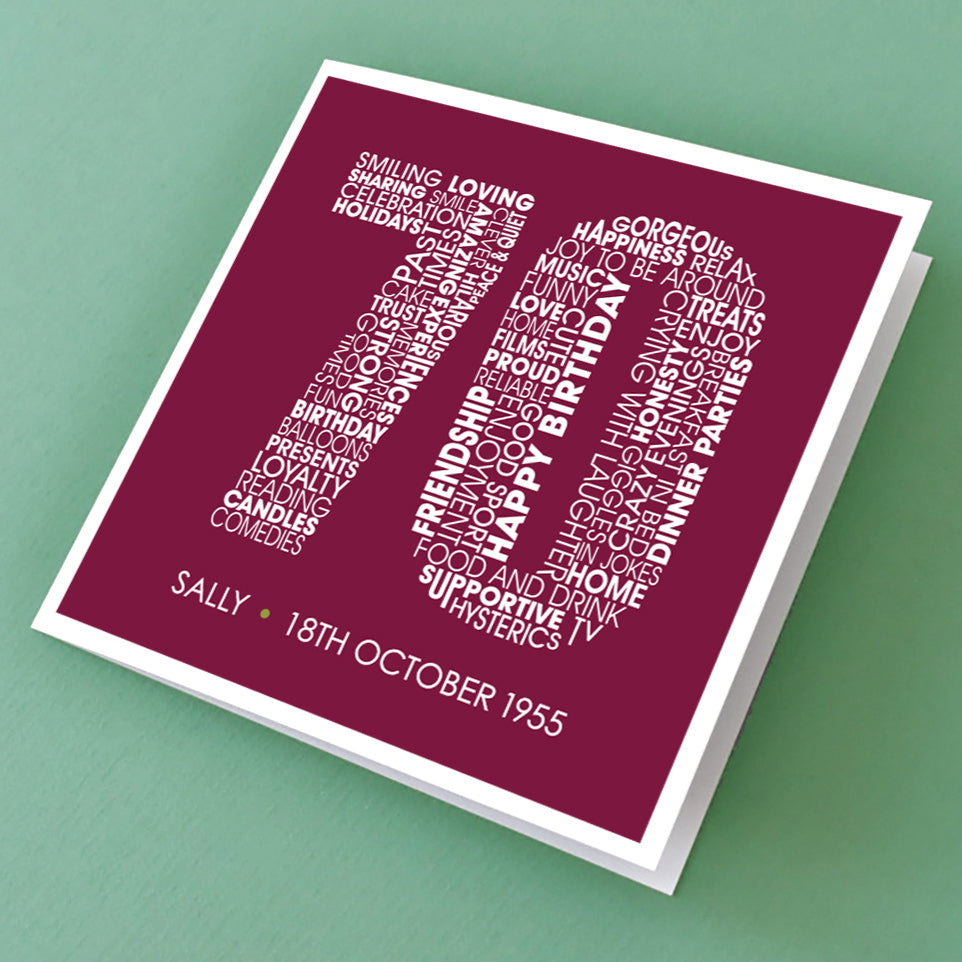 70th Birthday card for her - filled with positive attributes and personalised with her name and date of birth.
