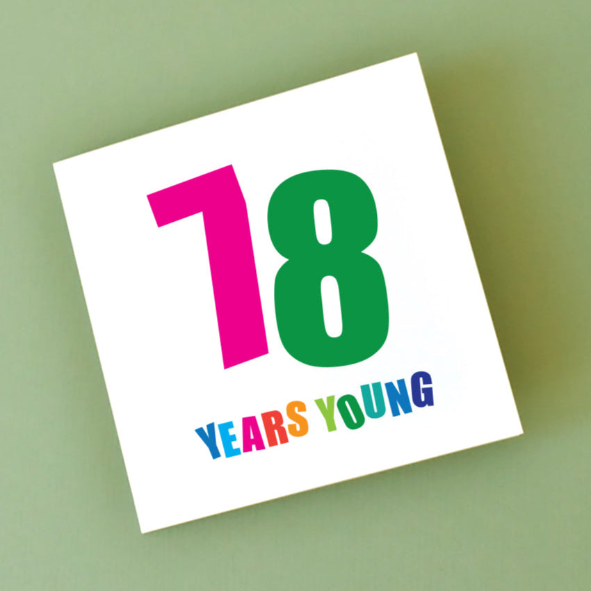 Card for 78th birthday with bold, colourful numbers and words.