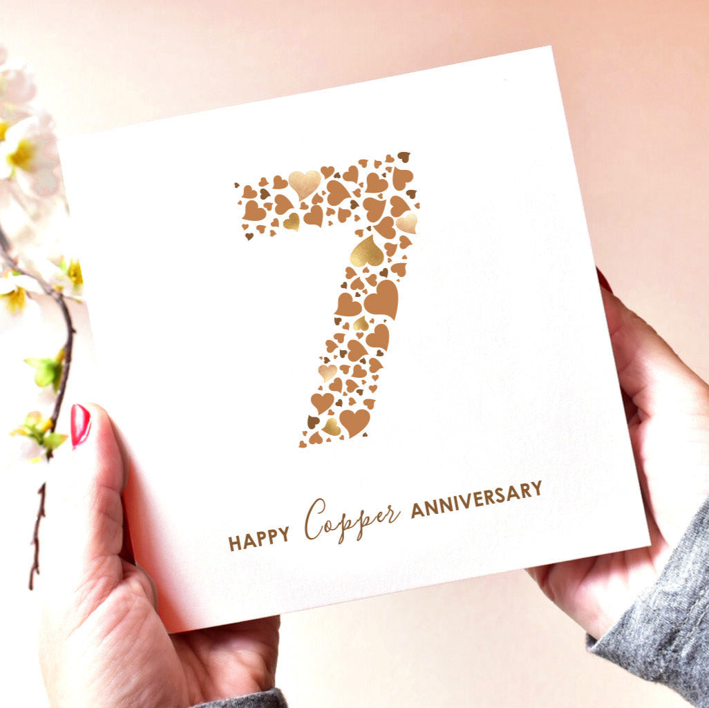 Copper 7th Wedding Anniversary Card with Love Hearts