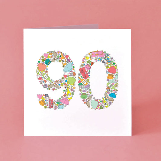 90th Birthday card with a colourful number '90' made from illustrations of stereotypical female items such as cakes, shoes, handbags, flowers, wine and tea.