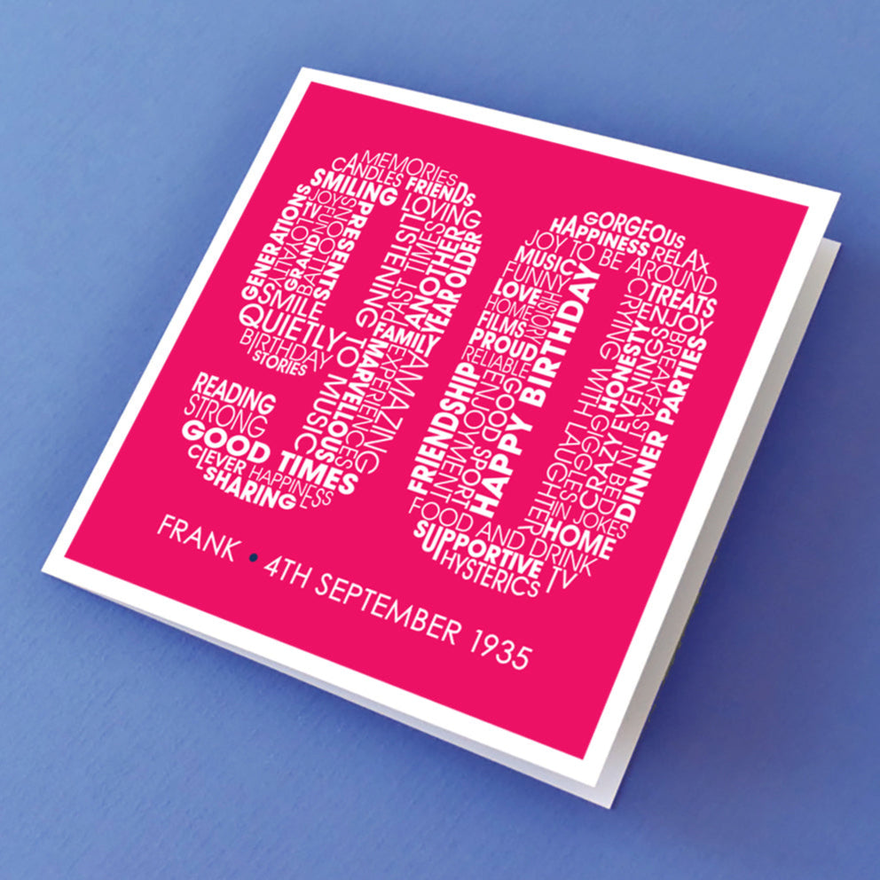 90th birthday card with a large typographic 90 and personalised words underneath. All in white on a bright pink background.