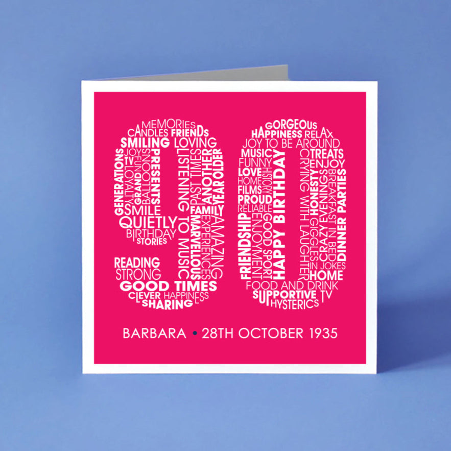 90th Birthday card with white text on a pink background forming the number 90. Underneath the card is personalised with the name and the date of birth of the recipient.