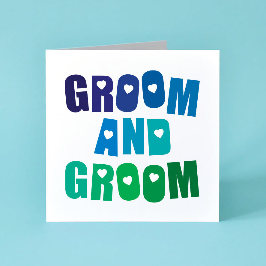 Groom and Groom Wedding Card where the letters blend in colour from dark blue through to cyan to dark green.