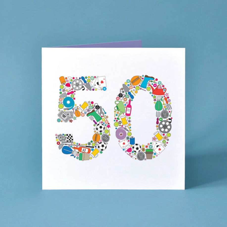 Male 50th Birthday Card - the number 50 is made from illustrations of objects relating to male hobbies such as golf club, pints of beer, rugby ball, plants, cinema tickets and car keys.