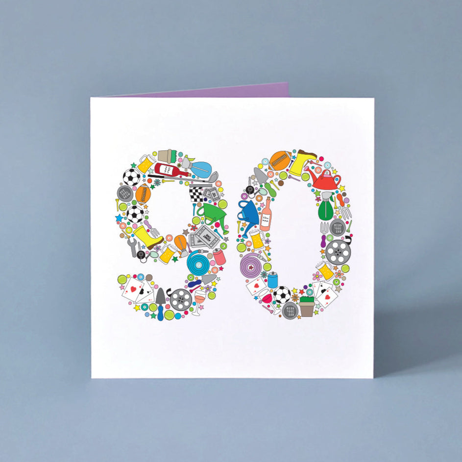 Square male birthday card, a large number 90 takes centre stage. The number 90 is made from a collection of illustrations of objects relating to male hobbies and interests. These colourful objects include plants, gold clubs, wine bottles, playing cards, football, cinema tickets and lots more.