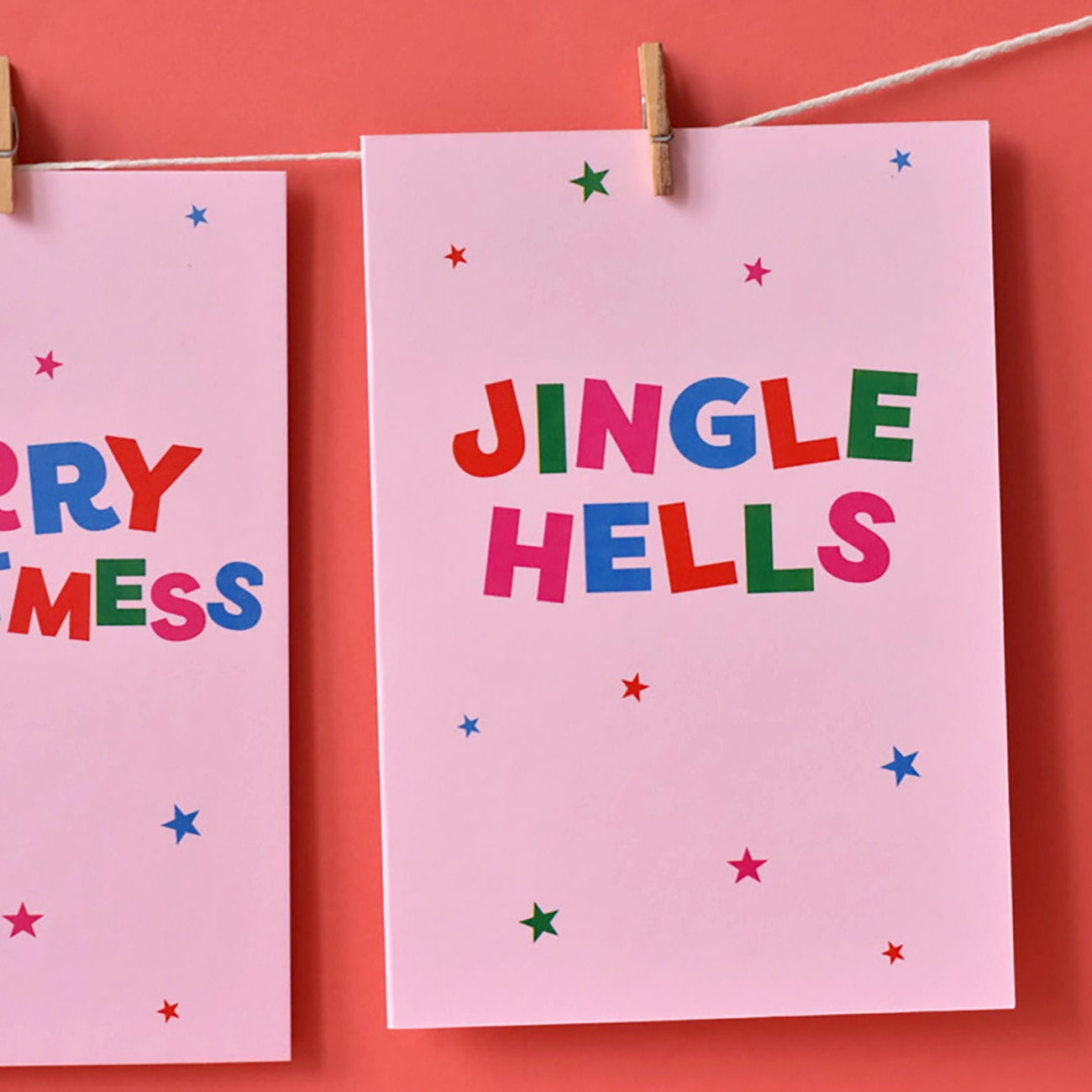 Pack of 6 funny relatable Xmas Cards in coloured text on a pink background.