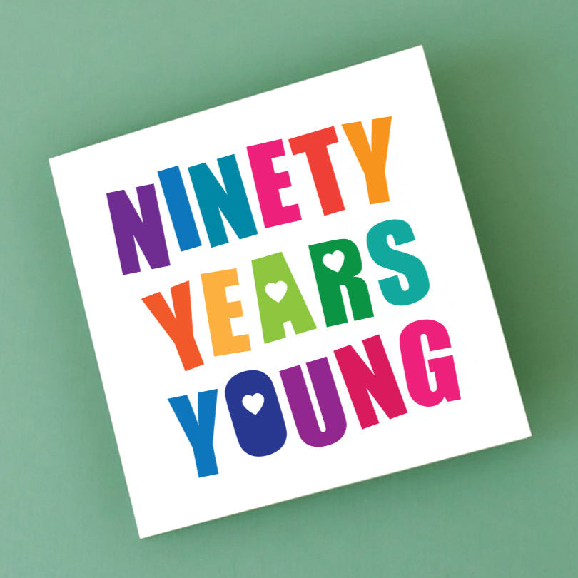 90th Birthday Card with bright multi coloured letters.