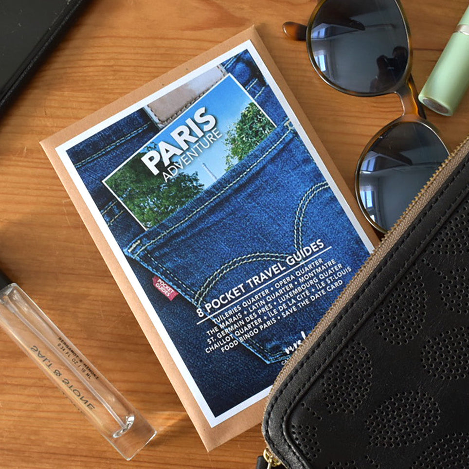 Ultimate Paris Gift Set—compact travel guides for exploring arrondissements and playing the fun Food Bingo game. Perfect handbag size.