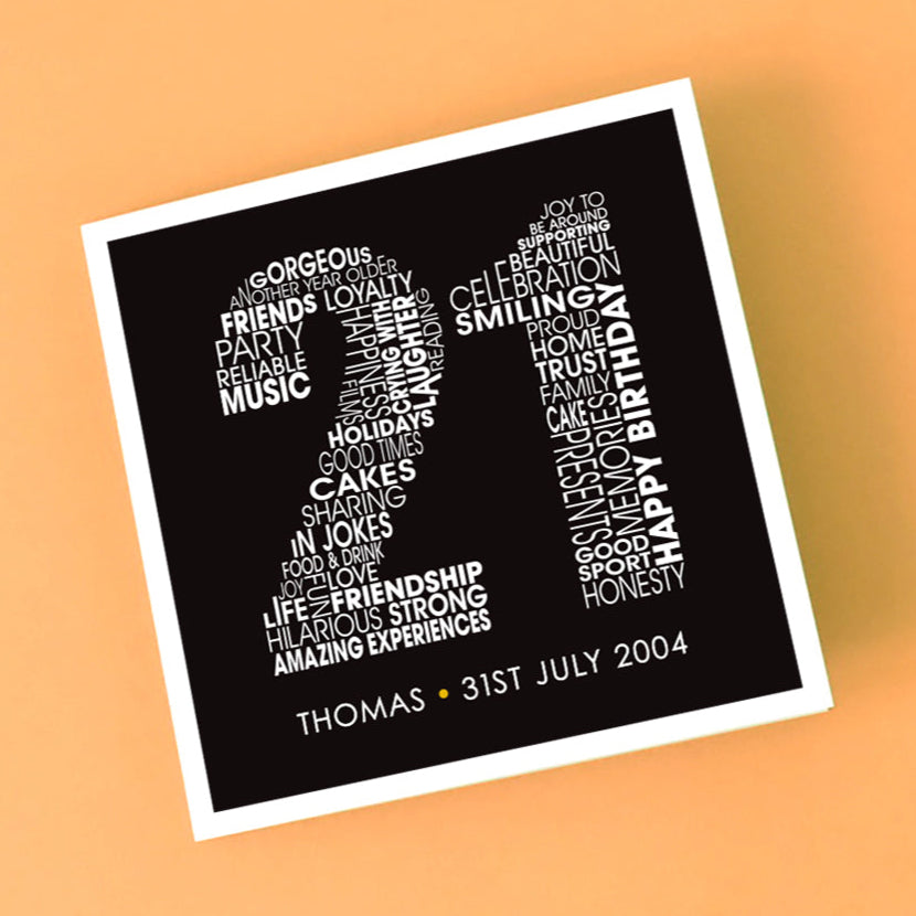 21st Birthday card personalised with name and date of birth.