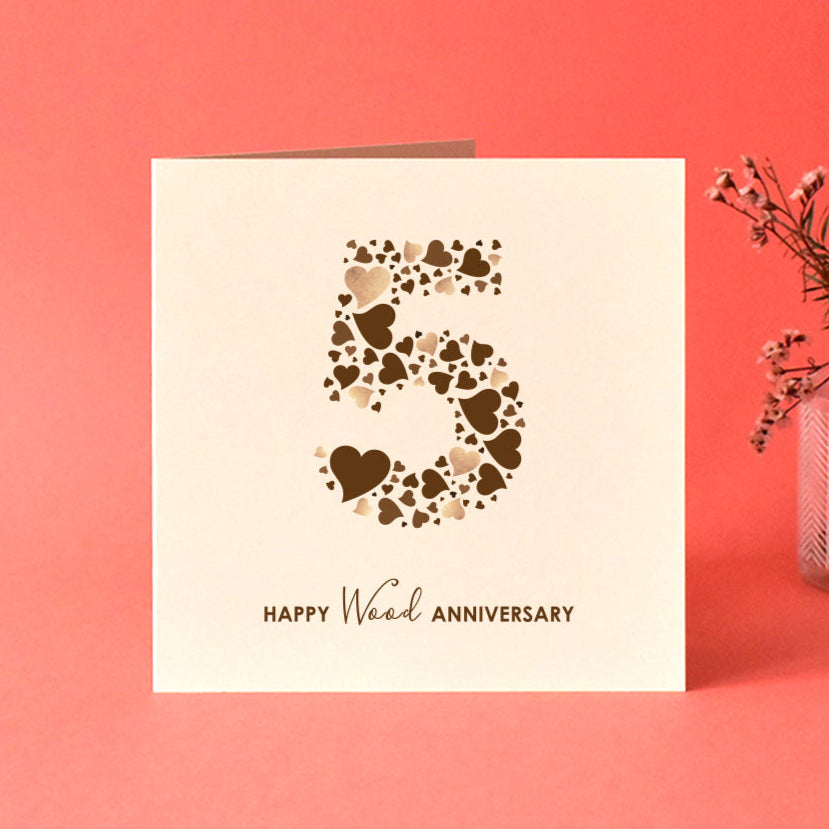 Wood 5th Wedding Anniversary Card with Love Hearts
