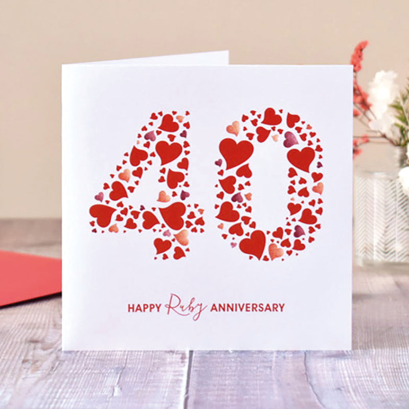 Ruby 40th Weddng Annversary Card - Hearts, Personalsed