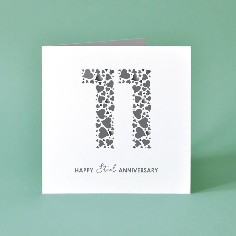 Steel wedding anniversary card for husband, wife or son and daughter-in-law featuring grey heart details.