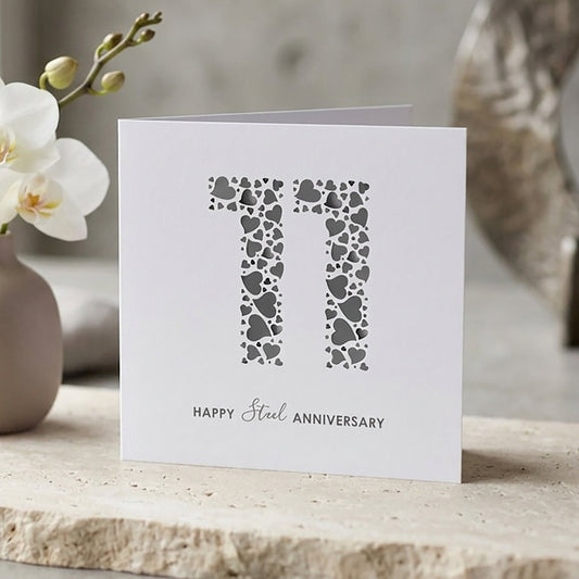 Minimalist Happy Steel Anniversary card in shades of grey for an 11 year milestone partnership.