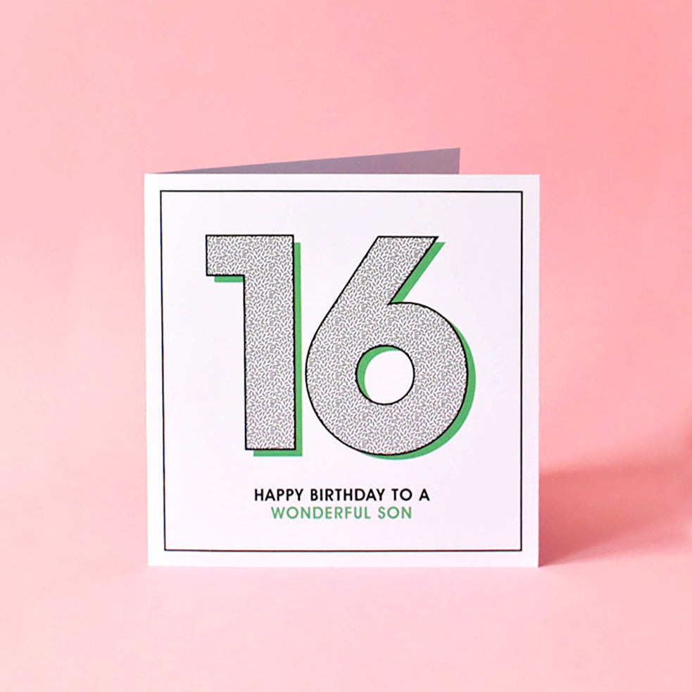 16th birthday card for a son featuring bold “16” design with green drop shadow and scatter pattern.