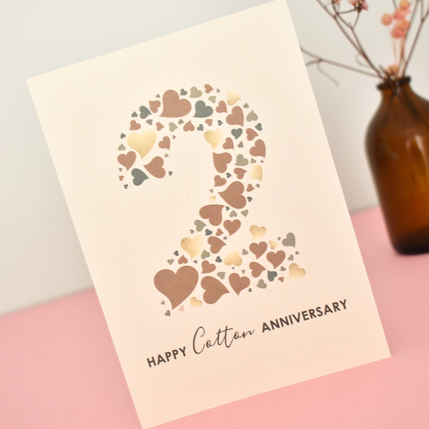 Cotton Wedding Anniversary card with a large number 2 central on a cream card and the words "Happy Cotton Anniversary" underneath.