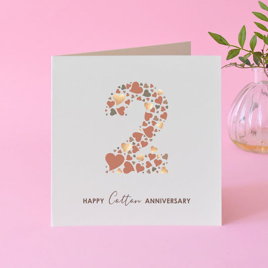 2nd Cotton Anniversary Card with the number 2 made from a collection of different size love hearts.