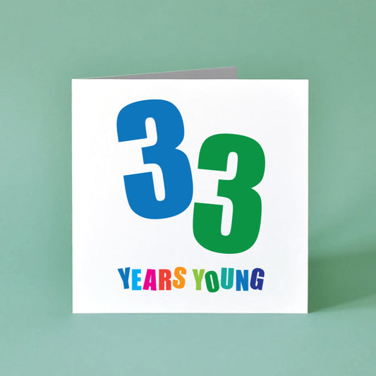 Birthday card with '33 Years Young' text in a variety of different colours.