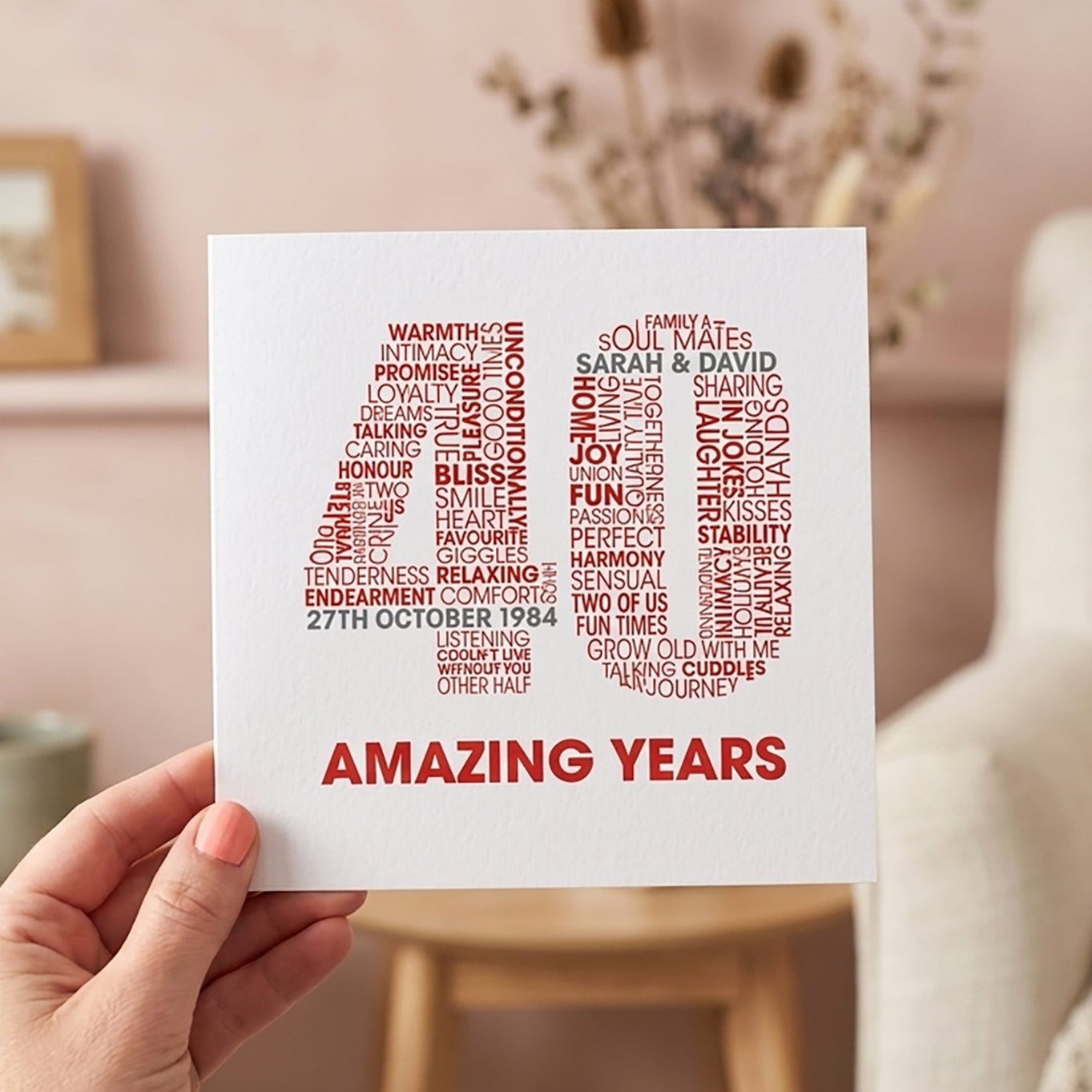 40 Amazing Years Typographical Anniversary Card with number 40 formed from lots of words relating to the happy couple.
