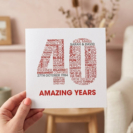 40 Amazing Years Typographical Anniversary Card with number 40 formed from lots of words relating to the happy couple.