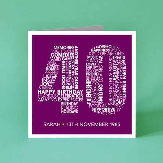 40th Personalised Birthday card with name and date of birth added underneath the number 40.