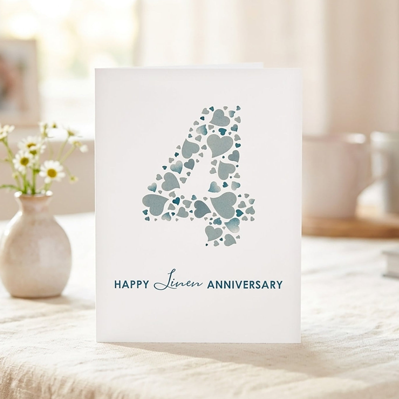 Card with heart design forming the number 4 and 'Happy Linen Anniversary' text on a table with a blurred background