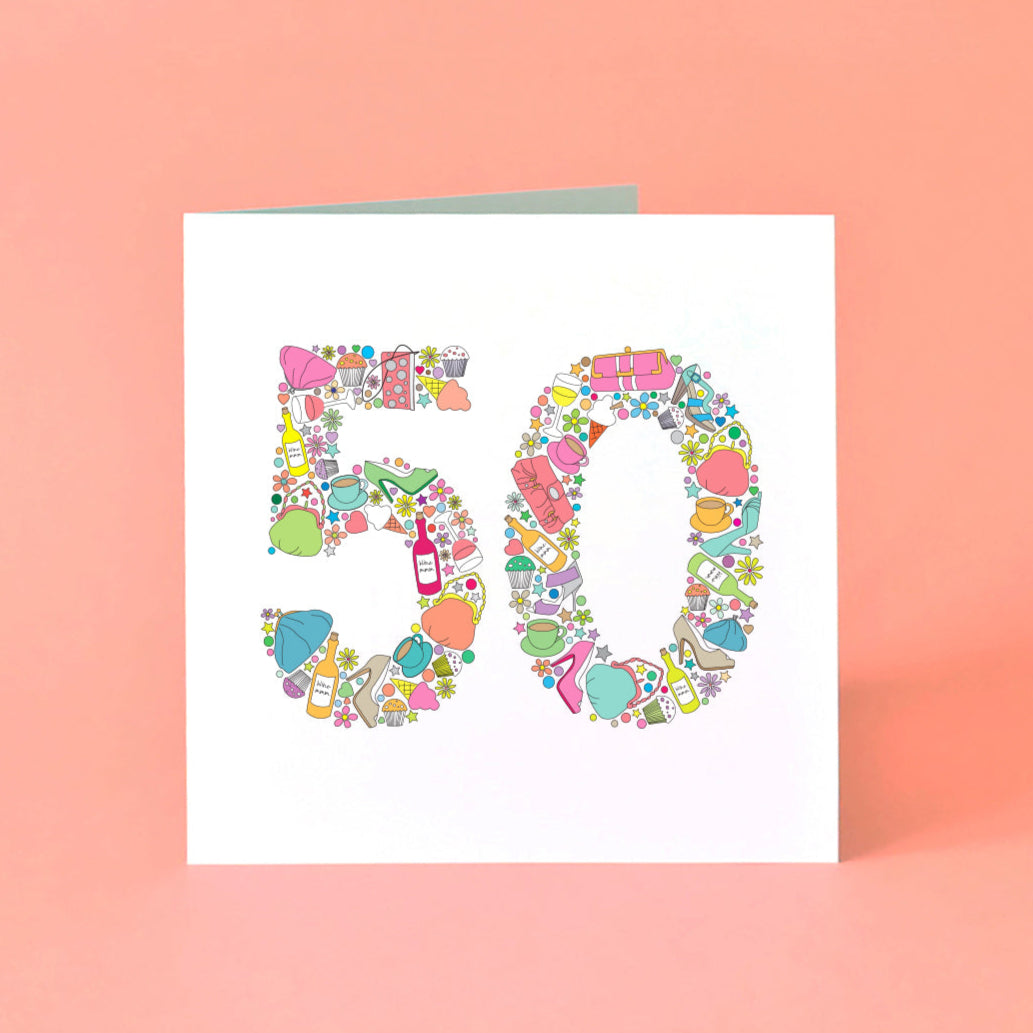 50th Birthday card with a colourful number '50' made from illustrations of stereotypical female items such as cakes, shoes, handbags, flowers, wine and tea.