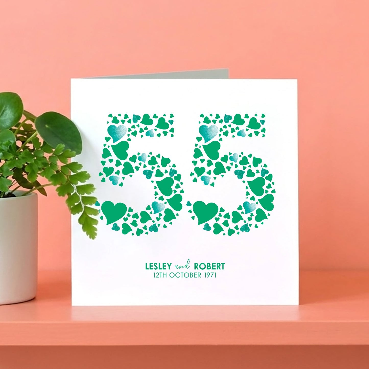 Greeting card with heart design and personalised text.