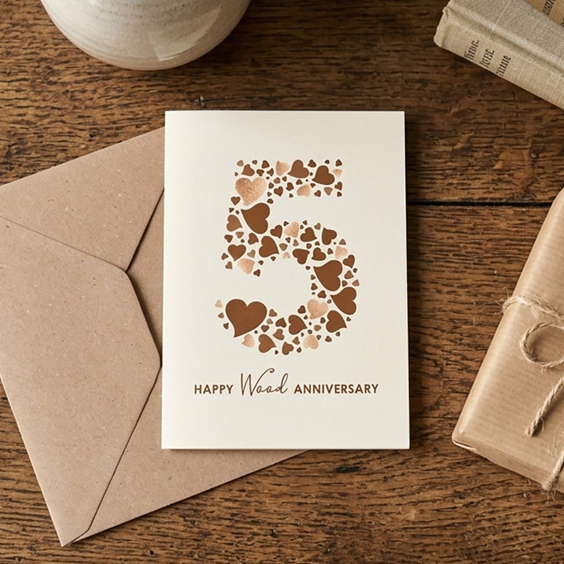 Lifestyle mockup of a cream 5th anniversary card on a rustic oak table, surrounded by neutral decor, a stack of vintage books, a candlestick and a leafy potted plant with a blurred background.