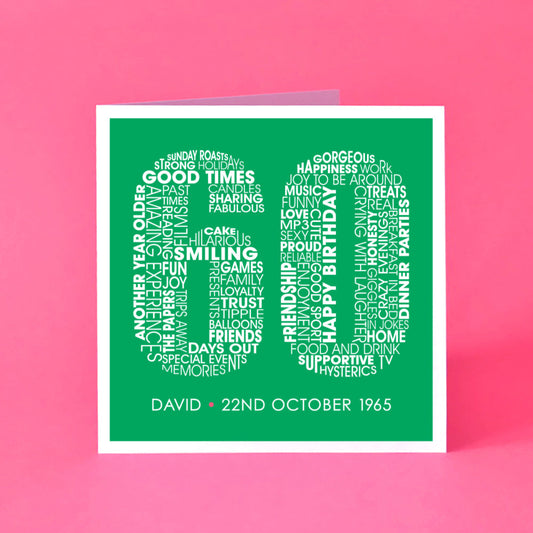 Typographic birthday card where lots of words make up the number 60. Underneath is personalised with the name and date of birth of the recipient.