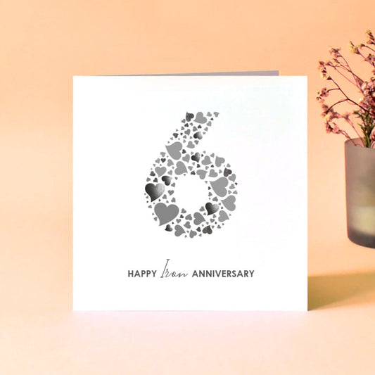 6th Iron Anniversary Card with a large number 6 in shades of grey with the message Happy Iron Anniversary underneath.