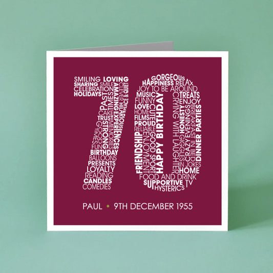 70th Birthday Card for Him personalised with name and date of birth.