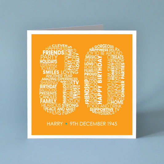 80th Birthday Card for Him personalised with his name and date of birth underneath a large 80 made from positive attributes.