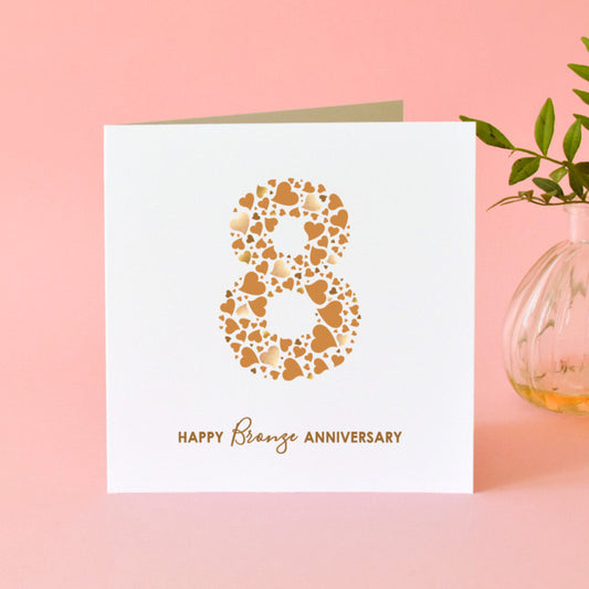 8th anniversary card with number 8 made from an array of love hearts and 'Happy Bronze Anniversary' text underneath.