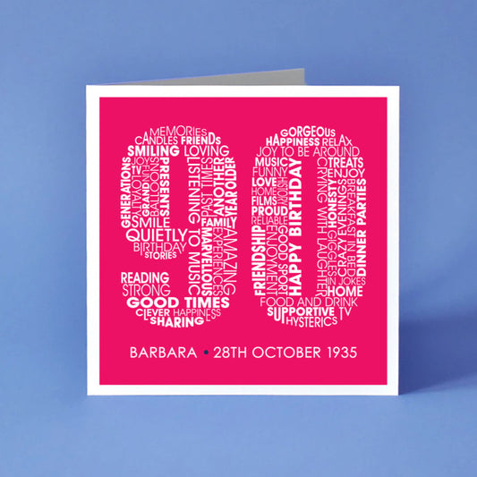90th Birthday card with white text on a pink background forming the number 90. Underneath the card is personalised with the name and the date of birth of the recipient.