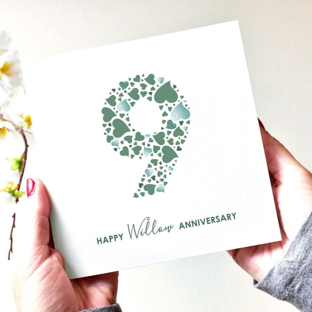 Anniversary card with heart design in the number 9 and 'Happy Willow Anniversary' text,