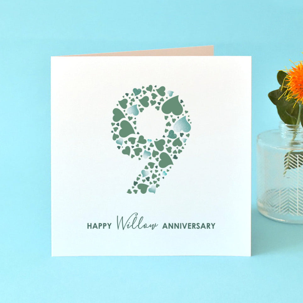 9th anniversary card with a large number 9 made from an array of love hearts, underneath is ther message 'Happy Willow Anniversary'.
