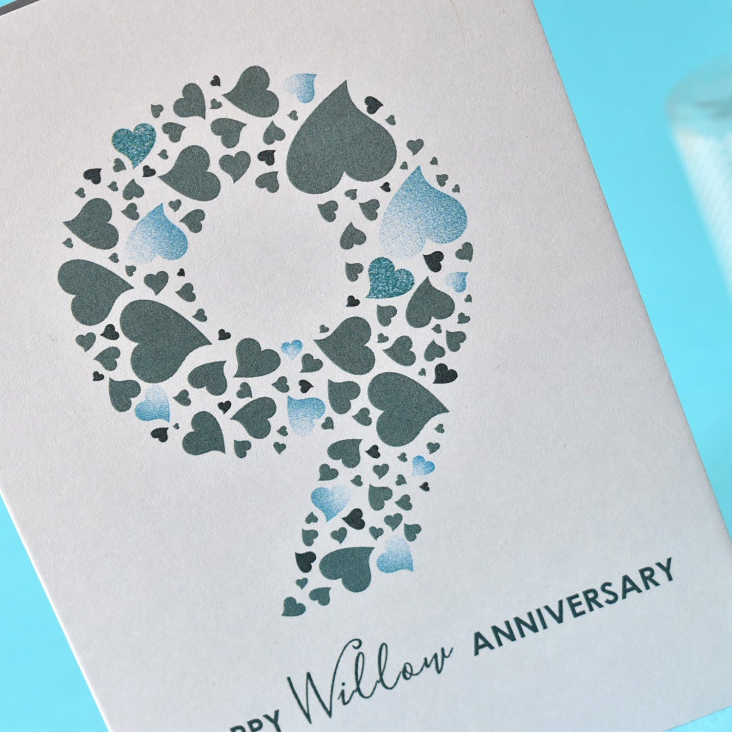 Anniversary card with heart design in the number 9 and 'Happy Willow Anniversary' text underneath.