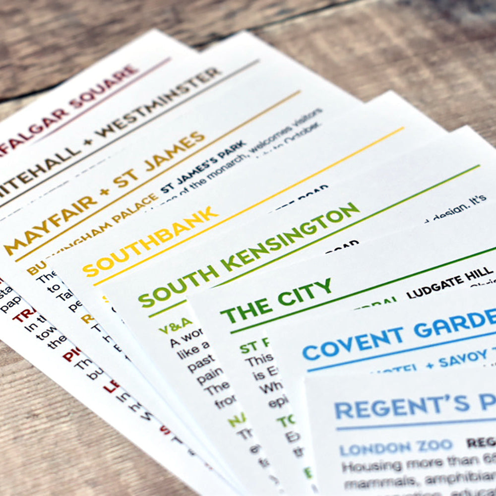 A fanned-out set of printed London areas guides.
