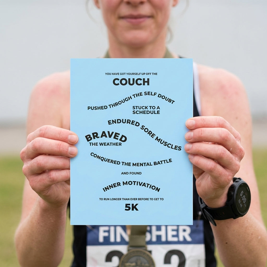 A person outdoors holding up a light blue printed motivational sign with black text celebrating a 5K run. The person is wearing a black running watch and a race bib, with a blurred natural background.