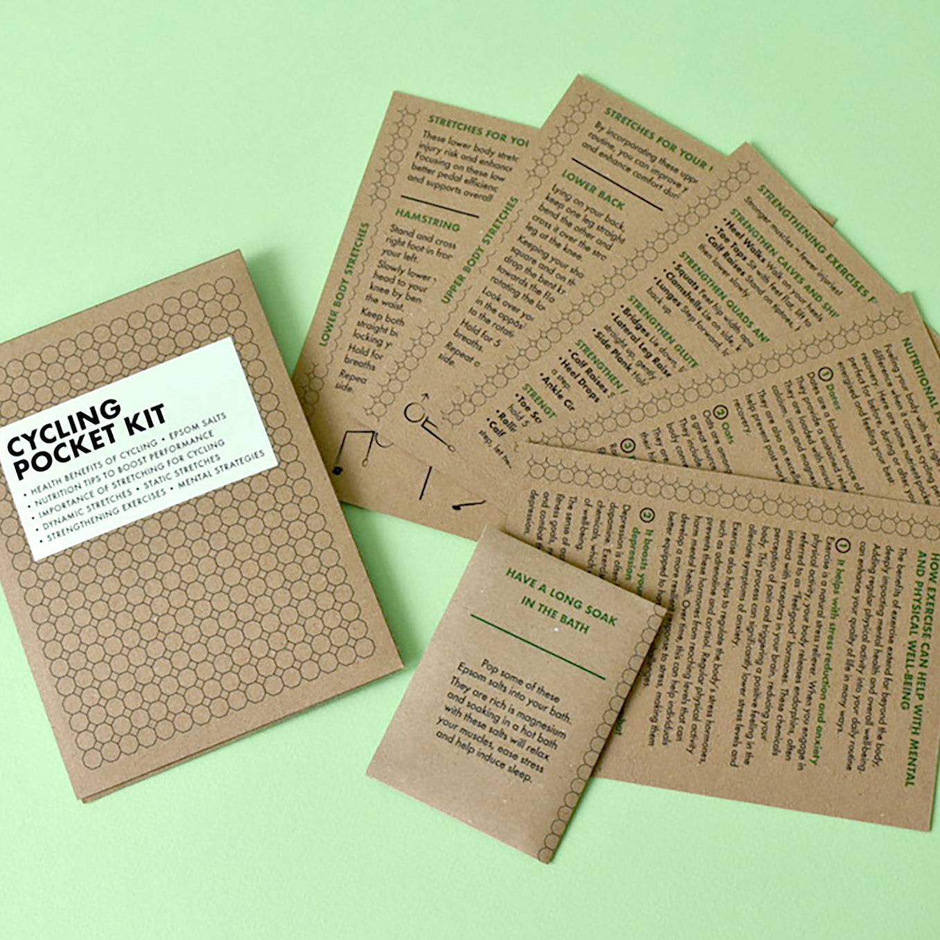 Close-up of cycling pocket kit card featuring targeted dynamic and static stretches for riders.