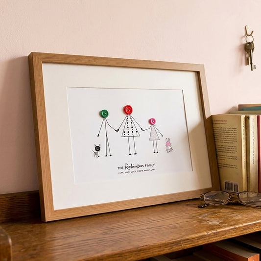 Personalised button people family print, featuring simple stick figures with colourful buttons as heads, displayed in a frame.